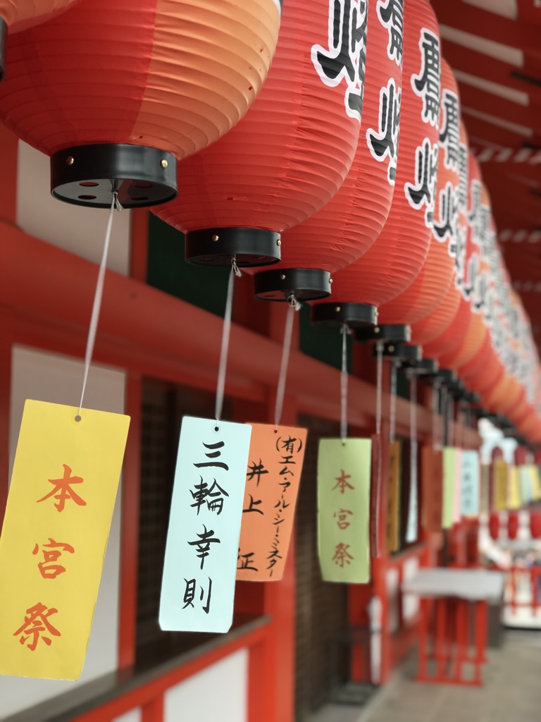 Traditional red Japanese lanterns at temple